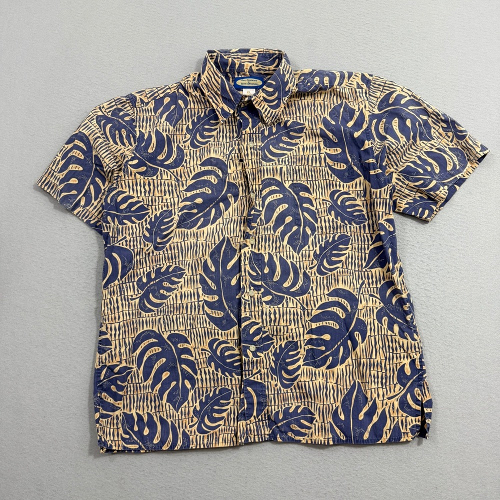 Reyn Spooner Shirt Mens XL Blue Tan Phil Edwards Monstera Leaf Hawaiian Aloha